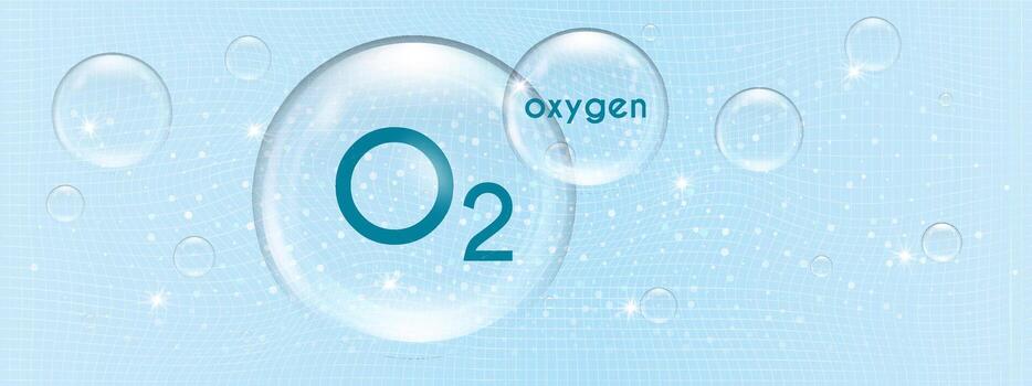 Illustration of an oxygen molecule symbolized by O2 surrounded by bubbles, depicted on a light blue, abstract patterned background. Ideal for scientific, educational, or conceptual uses. vector