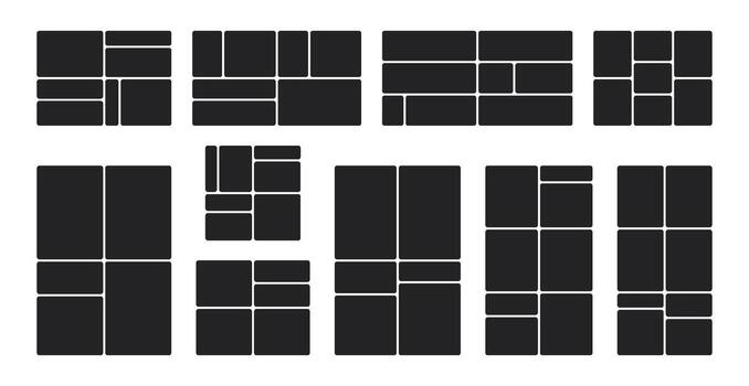 Set of black modular bento grid layouts. Abstract mosaic blocks for presentation slides, moodboards, and modern graphic design vector