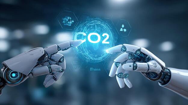 AI technology reducing CO2 emissions, robotic hands touching virtual screen, clean energy solutions, and environmental protection photo