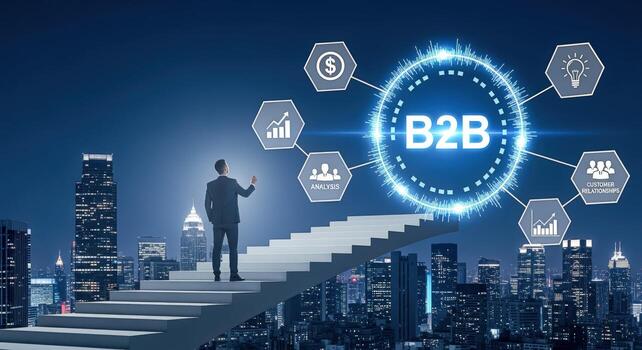 B2B Business Growth Concept Man Ascending Stairs Towards Digital Network, Representing Strategy, Partnership, and Success in Corporate Environment photo