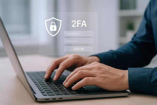 Two-Factor Authentication Concept Person Typing on Laptop with Security Interface for Login Protection photo