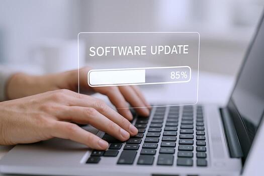 Software Update in Progress Person Using Laptop with Update Indicator at Eighty-Five Percent photo