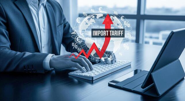 Global Import Tariff Increase Concept with Business Professional Analyzing Financial Data and Market Trends photo