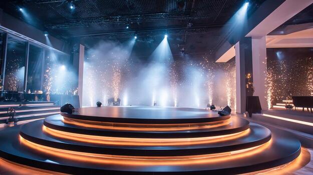 Illuminated stage with spotlights and smoke effect, creating dramatic ambiance for event or performance photo