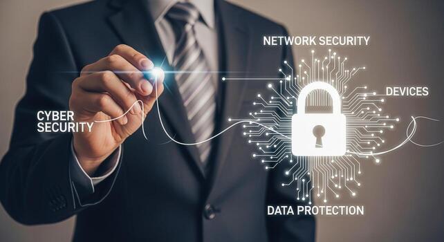 Cybersecurity Professional Visualizing Data Protection Strategy with Digital Padlock and Network Connections on Screen photo