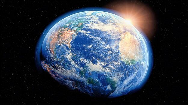 Earth View from Space with Sun Rising Over the Horizon, Displaying Continents and Oceans photo