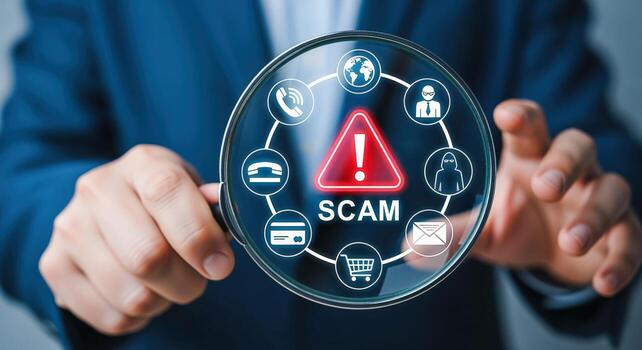 Scam Alert Concept Magnifying Glass Focusing on Warning Icons Representing Online Fraud and Financial Risks photo