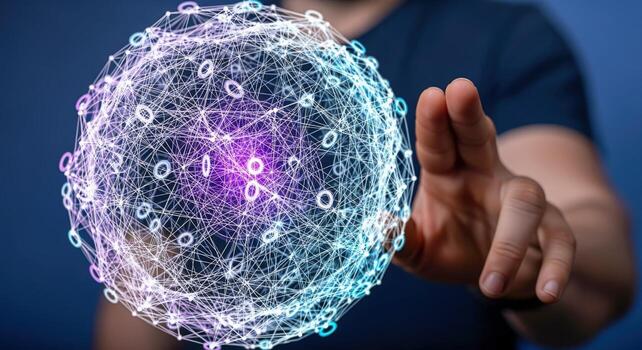 Abstract Digital Sphere Held by a Person Connecting Global Network Communications and Technology Innovations photo