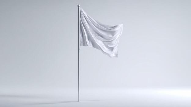 Blank White Flag Mockup Waving in Studio, Symbolizing Surrender, Cleanliness, or New Beginnings, Isolated Against White Background photo