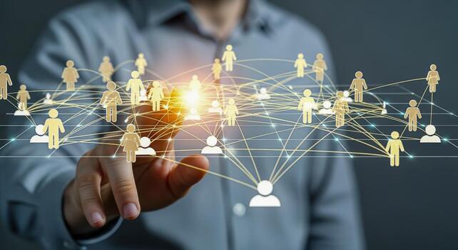 Man Interacting with a Digital Network Connecting People Globally, Representing Connection, Communication, and Social Networking photo