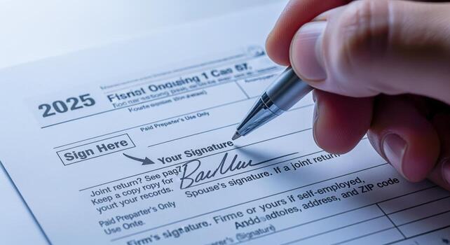 Signing Tax Form 2025 Mans Hand with Pen Completing Official Document, Close-up View photo