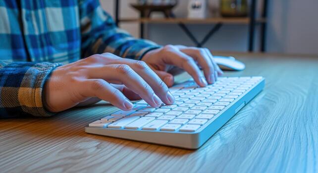 Hands Typing on Keyboard at Desk with Blue Lighting, Enhancing Focus and Productivity photo