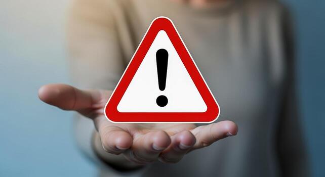 Hand Holding Warning Sign with Exclamation Point Danger Alert and Risk Awareness Presentation photo