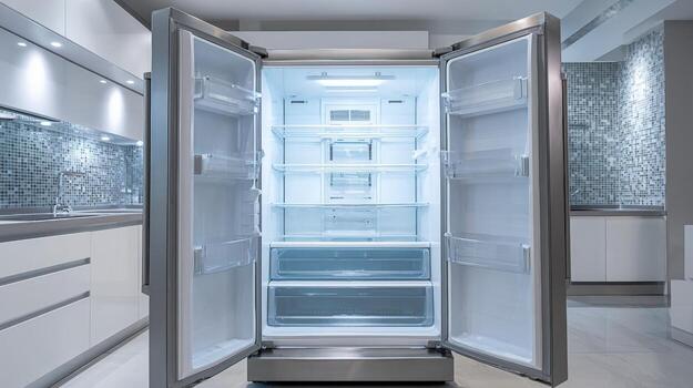 Empty Refrigerator with Open Doors in a Modern Kitchen Setting Offering Ample Storage and Organization photo