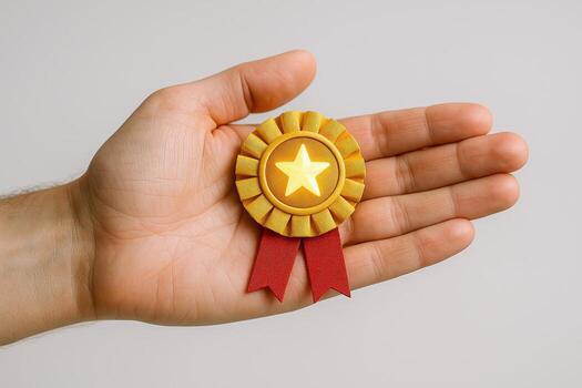 Hand Holding Gold Star Award with Red Ribbon, Symbolic Gesture of Recognition and Achievement photo