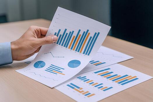 Analyzing Business Data Hand Holding Financial Charts and Graphs on a Desk, Revealing Insights photo