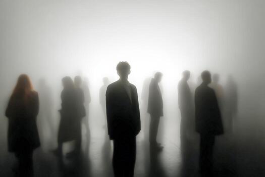 Silhouetted Figures in Dense Fog Exploring Themes of Anonymity, Uncertainty, and the Unknown photo