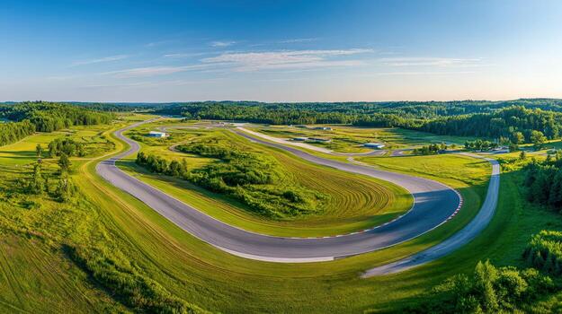 Aerial View of a Professional Motor Speedway Surrounded by Greenery Under a Clear Blue Sky photo