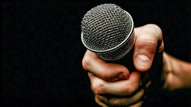Hand Holding a Microphone Tightly Against a Dark Background for Speech, Performance, and Sound Concepts photo