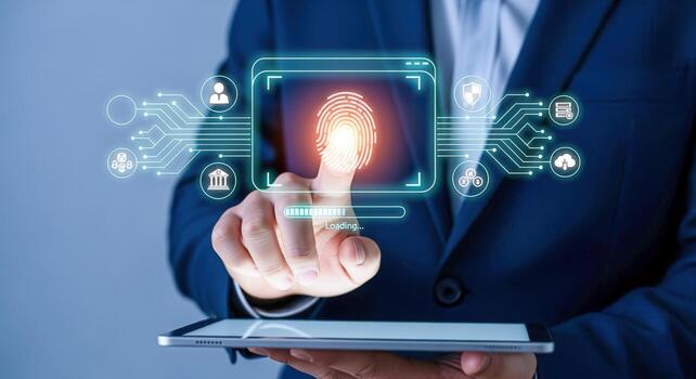 Secure Biometric Authentication Businessman Verifying Identity with Fingerprint Scan on Tablet, Enhanced with Digital Network photo