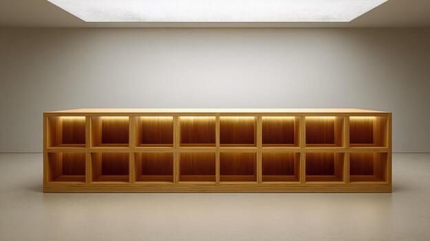 Empty Wooden Shelves in a Minimalist Setting, Ideal for Product Placement and Interior Design Mockups photo