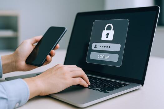 Secure Access Authentication Person Logging into Laptop with Mobile Device for Verification photo