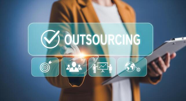 Businesswoman Demonstrates Outsourcing Solutions on a Virtual Interface, Enhancing Efficiency and Global Collaboration photo