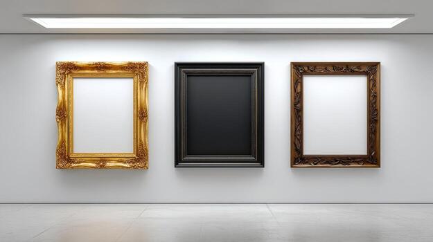 Three decorative frames hang in an art gallery, showcasing space for creative works and exhibits photo