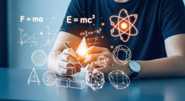 Conceptual Shot of a Person Surrounded by Mathematics Equations and Geometric Shapes Representing Scientific Discovery photo