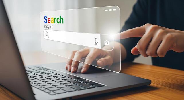 Hands on Laptop with Virtual Search Bar Internet, Technology, and Information Access Concept photo