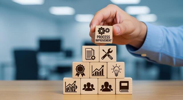 proceso mejora concepto mano colocación bloquear en pirámide representando estrategia y negocio desarrollo foto