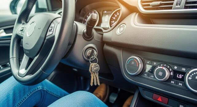 Inside View of a Driver in Car Interior with Keys in Ignition Ready to Start photo