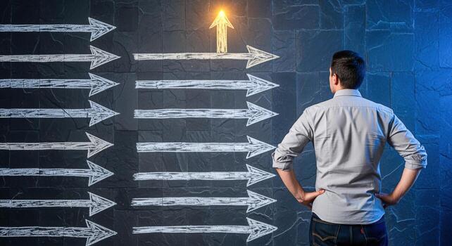 Man Contemplating Chalk Arrows on Wall, One Glowing with Success, Strategic Thinking and Future Direction photo