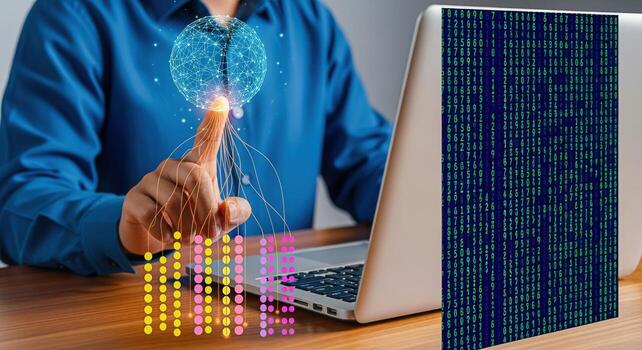 Artificial Intelligence Concept Person Interacting with Brain Interface and Computer Code, Digital Transformation, Modern Technology photo
