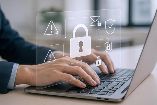 Cybersecurity Professional Working on Laptop with Data Protection and Security Icons Displayed Over Keyboard photo