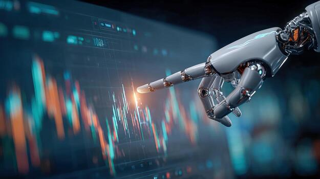 Robotic Arm Interacting with Stock Market Data Visualization Displaying Financial Trends and Analysis photo