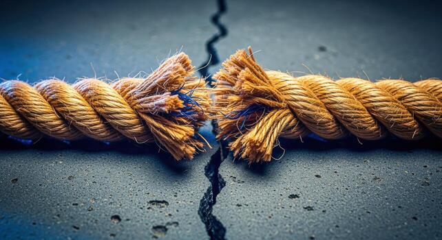 Broken Rope on Cracked Surface Representing Stress, Tension, Failure, and Vulnerability in a Close-Up Shot photo