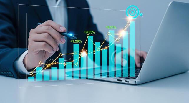 negocio crecimiento análisis hombre analizando financiero datos en ordenador portátil con positivo crecimiento cartas foto