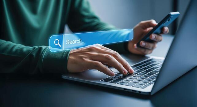 Online Search Concept Hands Using Laptop and Mobile Phone for Internet Browsing and Information Retrieval photo