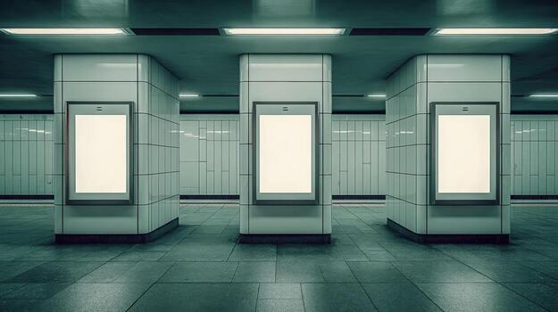 Subway Station Advertisement Space Three Illuminated Blank Billboards in a Modern Underground Setting photo