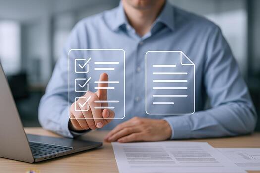 Digital Document Management Business Professional Interacting with Virtual Checklist and Paperless Workflow Interface on Laptop photo