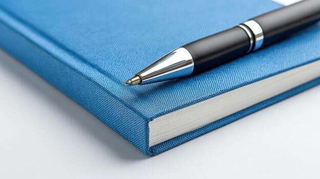 Blue Notebook with Pen Close-Up on White Background for Business and Education Concepts photo