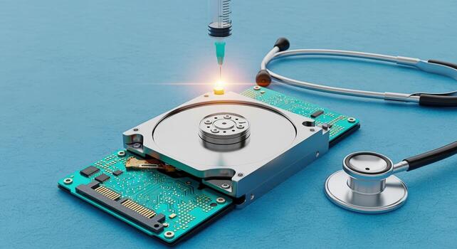 Hard Drive Data Recovery Concept with Syringe and Stethoscope on Blue Background, Repair and Maintenance photo