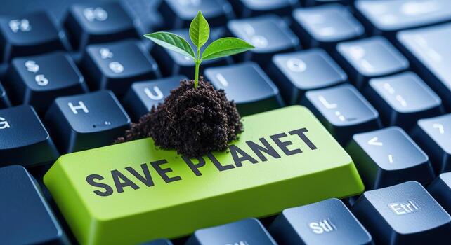 Save Planet Concept Sprout Growing from Keyboard Key Symbolizing Environmental Awareness and Sustainable Technology photo