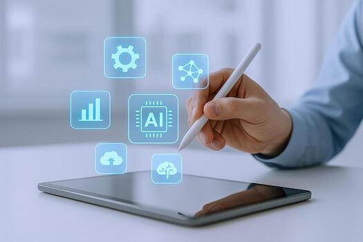 Artificial Intelligence Application Development on Tablet Person Using Stylus with AI, Cloud and Data Icons photo