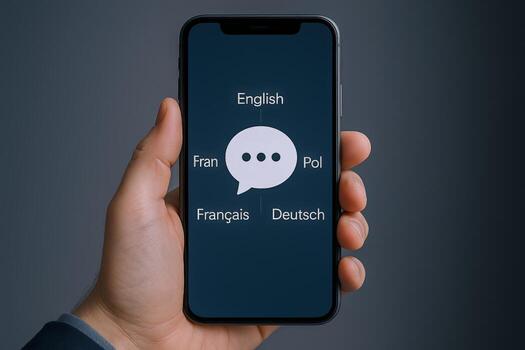 Hand holding smartphone displaying language learning application interface, promoting translation services and international communication tools photo