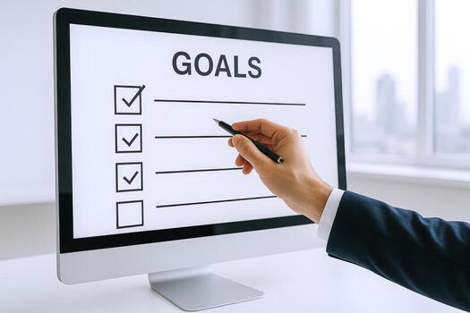 Goal Setting on Computer Screen Business Professional Marking Completed Tasks for Success and Achievement photo