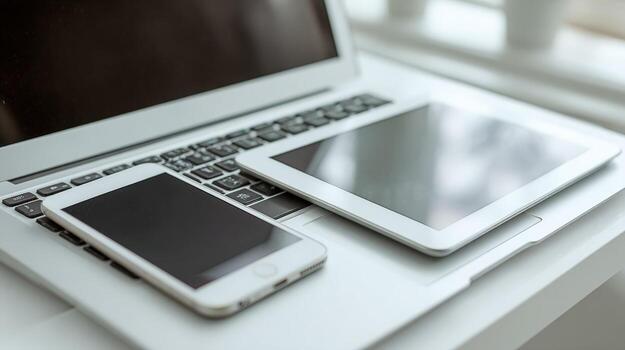 Modern Technology Devices Laptop, Tablet and Smartphone on a White Surface for Business or Personal Use photo