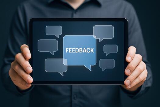 Feedback Concept Person Holding Tablet with Speech Bubbles Displaying Customer Opinions and Reviews photo