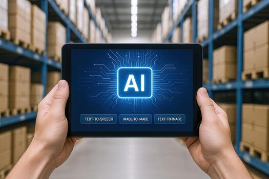 Artificial Intelligence Implementation Hands Hold Tablet Displaying AI Interface in a Modern Warehouse Environment photo